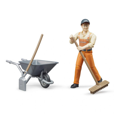 Žaislinė BRUDER figūrėlė darbininkas su karučiu ir įrankiais 62130